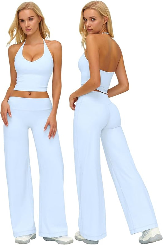 Womens Workout Sets Two Piece Spaghetti Straps Crop Top Matching Straight Leg Pants Gym Work Pilates Outfits