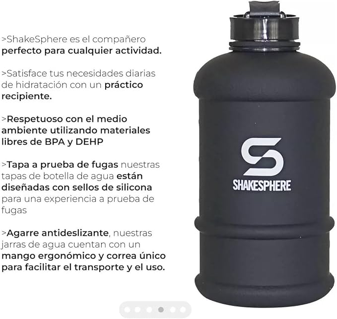 SHAKESPHERE Large Sports Water Bottle - 1.3L / 44oz - BPA-Free, Durable Hydration Jug, Black - Ideal for Fitness, Outdoor Activities, Biking, Camping & Kids (Matte Black w/White Logo)