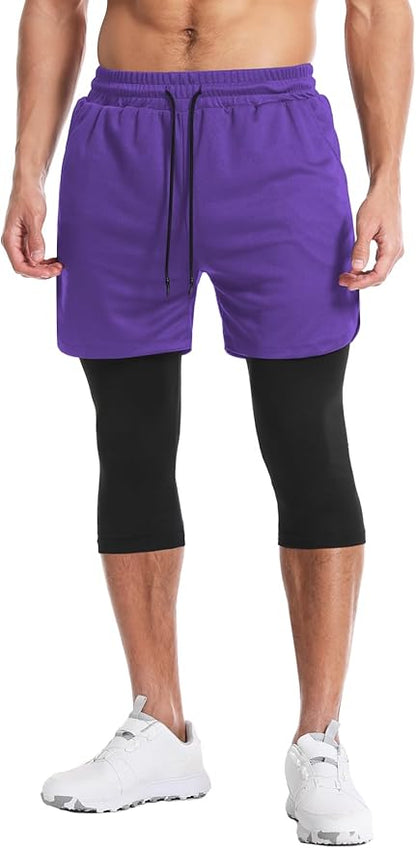 Aolesy Men's 2 in 1 Running Pants, Gym Workout Compression Pants for Men Training Athletic