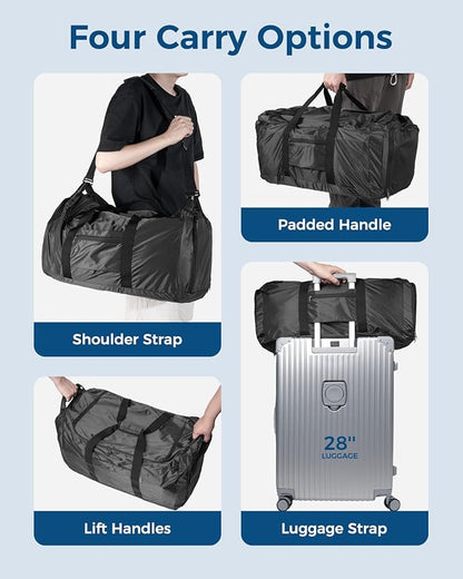 pack all 65L Foldable Travel Duffel Bag, Packable Weekender Bag with Shoe Compartment, Water-Resistant Gym Bag with Adjustable Strap for Overnight, Sports and Camping (Black)