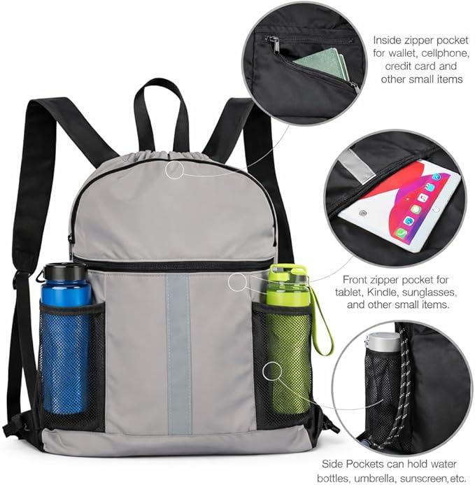 PPZ Drawstring Sports Backpack with Side Mesh Pockets, Lightweight Gym & Travel Bag with Water Bottle Holders for Fitness, Outdoor Activities and Daily Use – Gray