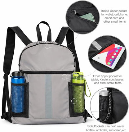 PPZ Drawstring Sports Backpack with Side Mesh Pockets, Lightweight Gym & Travel Bag with Water Bottle Holders for Fitness, Outdoor Activities and Daily Use – Gray