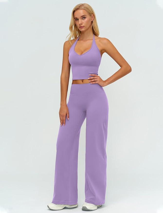 Womens Workout Sets Two Piece Spaghetti Straps Crop Top Matching Straight Leg Pants Gym Work Pilates Outfits