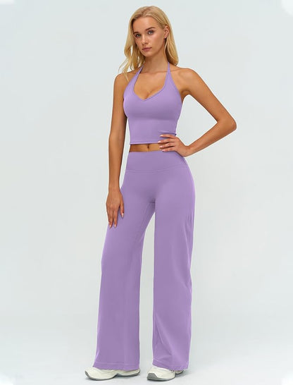 Womens Workout Sets Two Piece Spaghetti Straps Crop Top Matching Straight Leg Pants Gym Work Pilates Outfits