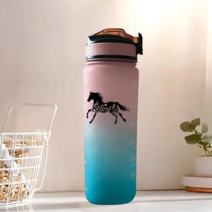 Floral Horse 32 oz Water Bottle with Times Marker to Drink and Straw, Carrying Strap, Leakproof BPA-Free, Ensure You Drink Enough Water for Fitness, Gym, Camping, Outdoor Sports