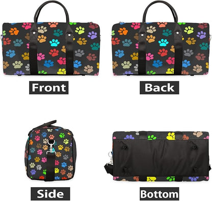 Travel Duffel Bag Cat Dog Paw Print Sport Tote Gym Bag Waterproof Foldable Carryon Weekend Overnight Training Handbag Sports Duffle Bags for Women Men Boys Girls