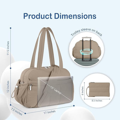 TOPDesign Travel Duffel Bag for Women, Puffer Gym Bag Sports Tote with Wet Pocket, Carry On Weekender with Luggage Sleeve (Camel)