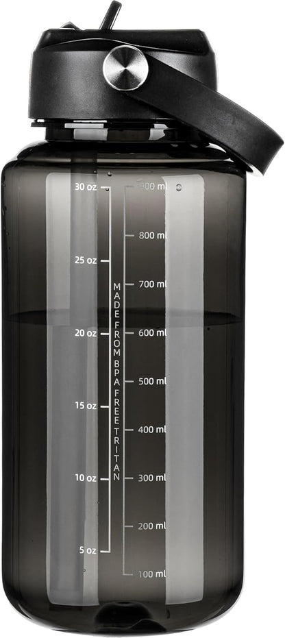 OLDLEY 32 oz Clear Water Bottle with Straw,Tritan BPA-Free, Wide Mouth, Leak Proof - for Gym, Travel, Home, School, Office (Black)