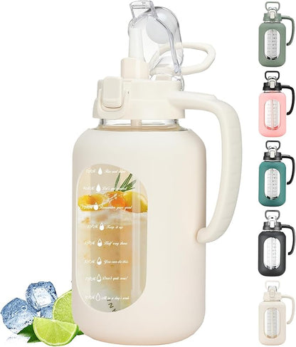 64 oz Glass Water Bottle with Handle and Straw Large 2L Water Bottle with Time Markers and Silicone Sleeve Half Gallon Water Jug BPA Free for Gym Daily Use