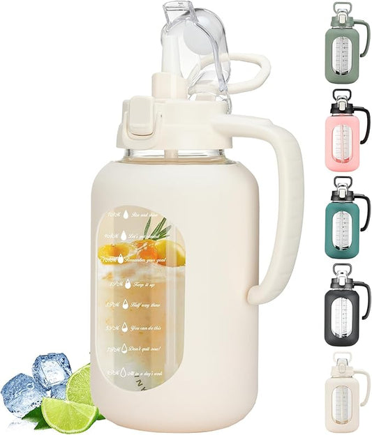 64 oz Glass Water Bottle with Handle and Straw Large 2L Water Bottle with Time Markers and Silicone Sleeve Half Gallon Water Jug BPA Free for Gym Daily Use