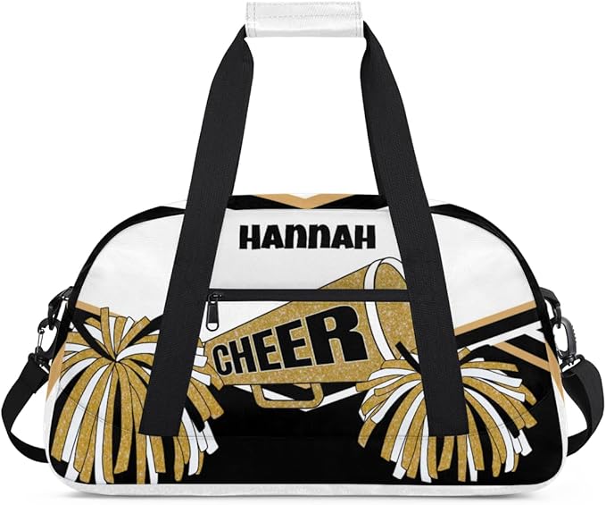 Personalized Cheerleading Dance Duffel, Custom Large Ballet Weekender Travel Cheerleaders Bag, Gold White Black