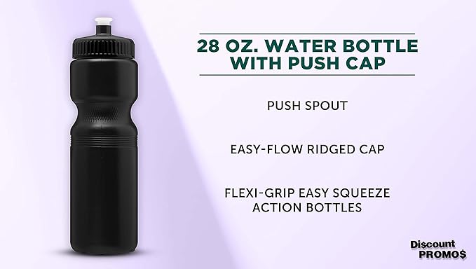 DISCOUNT PROMOS 28 oz. Push Cap Plastic Water Bottles Set of 6, Bulk Pack - Perfect for Gym, Hiking, Camping, Outdoor Sports - Black