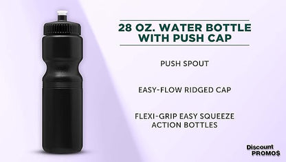DISCOUNT PROMOS 28 oz. Push Cap Plastic Water Bottles Set of 6, Bulk Pack - Perfect for Gym, Hiking, Camping, Outdoor Sports - Black