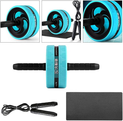 Ab Roller Wheel for Home and Exercise, Blue Silent Fitness Wheel with Knee Pad and Black Jump Rope Set, Core Strength Training Equipment for Abdominal Workout