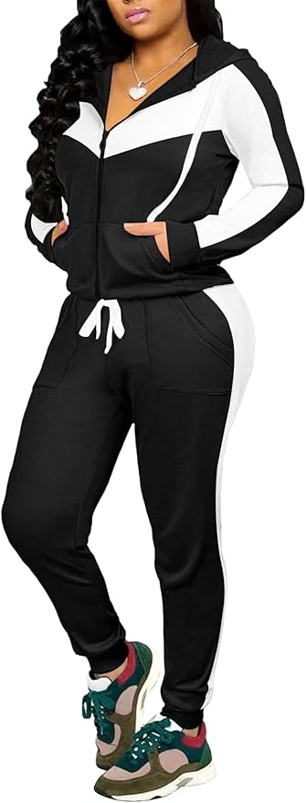 CLOCOR Track Suits for Women Set - Casual 2 Piece Outfits Sweatsuit Pocket Hoodies Long Sleeve with Patchwork Pants Set