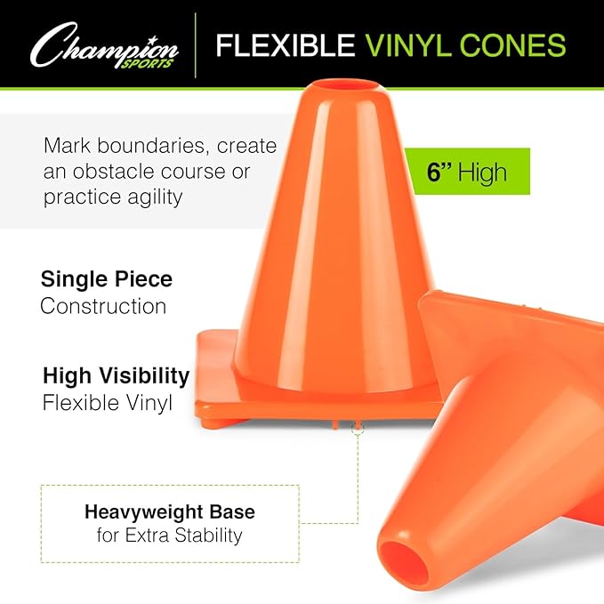 Champion Sports High Visibility Flexible Vinyl Cones for Sports Training, Agility Drills, Field & Gym Marking Sets