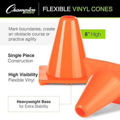 Champion Sports High Visibility Flexible Vinyl Cones for Sports Training, Agility Drills, Field & Gym Marking Sets