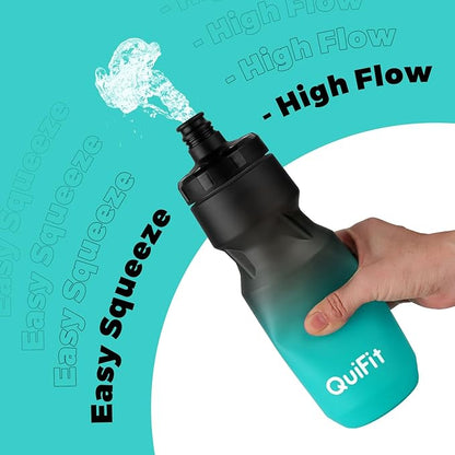 QuiFit Water Bottle for Bike 2-Pack, 24oz Squeeze &Plastic Water Bottles BPA Free, Lightweight Bike Accessories, with Dirt Cap, Fits Most Bicycle Holders (Black White+Black Green, 24 oz)