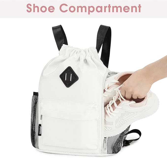WANDF Drawstring Backpack Sports Gym Bag with Shoes Compartment, Water-Resistant String Backpack Cinch for Women Men (Small,Beige)