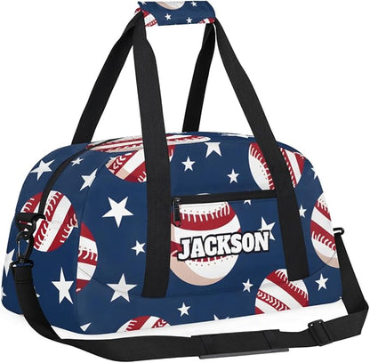 Custom Name Baseball Sport Travel Bags for Kids Boys with Personalized Training Gym Duffel Bags for Overnight Weekender Blue