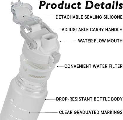27oz Sports Water Bottle with Removable Filter, Motivational Water Bottle with Capacity Marker, Leakproof Drinking Water Bottle with Handle for Travel Fitness Gym Outdoor (White)