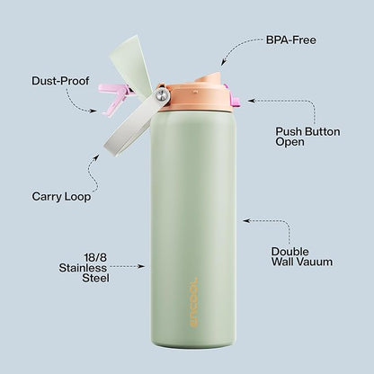 Insulated Water Bottle with Straw - Encool Stainless Steel Water Bottle with Push Button Lid, Leak-Proof & BPA-Free, Keeps Cold for 24 Hours for Sports, Travel, Gym (32 oz, Geyser Green)