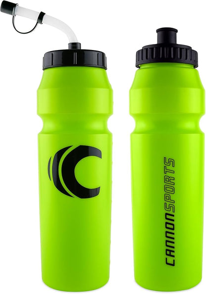 Cannon Sports 1 Liter Sports Water Bottle, BPA-Free, 34 Oz Capacity, Large Mouth, 2 lids (Straw and Squeeze), Great For Helmet Sports Such As Hockey, Lacrosse, Football, Boxing (2 Pack) (Lime Green)