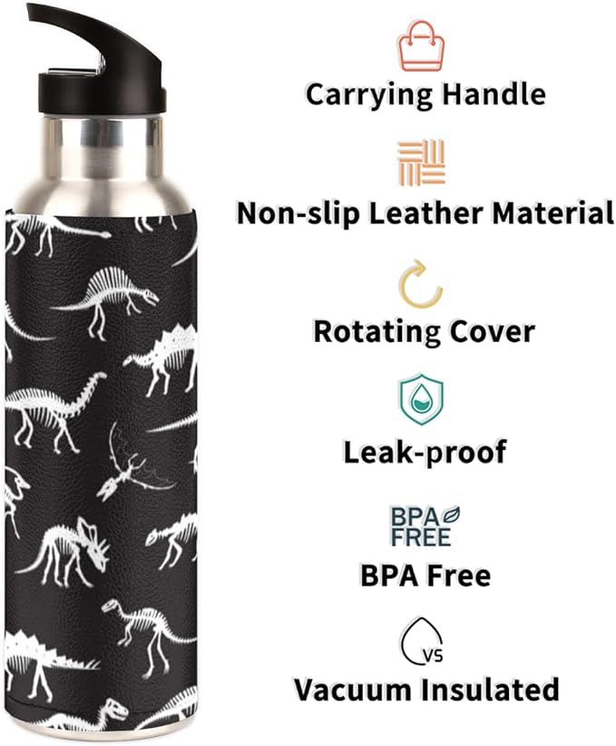 Insulated Stainless Steel Water Bottle with Straw 20oz Black Retro Dinosaur Bones Sports Water Bottles BPA Free Leakproof Metal Vacuum Flask Jug for Kids Gym Fitness