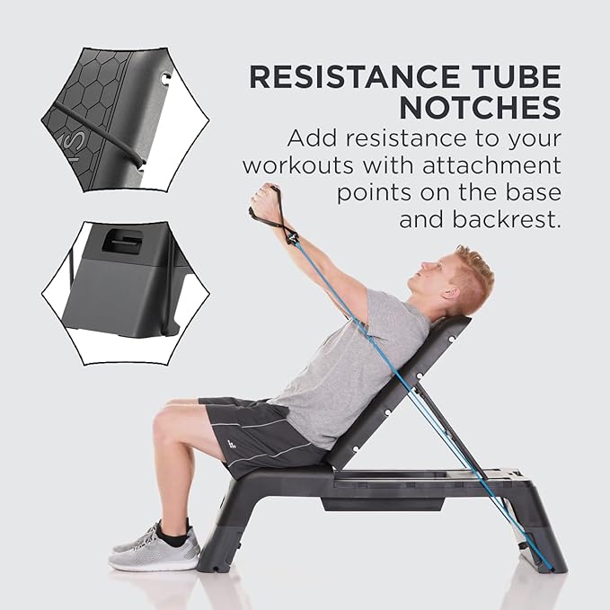 Power Systems Step Bench & Weight Bench | Aerobic Platform & Plyo Box for Cardio, Strength | Commercial Grade Full Body Home Gym Stepper | Adjustable Multifunctional Deck & Resistance Band Clips