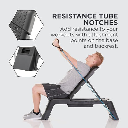 Power Systems Step Bench & Weight Bench | Aerobic Platform & Plyo Box for Cardio, Strength | Commercial Grade Full Body Home Gym Stepper | Adjustable Multifunctional Deck & Resistance Band Clips