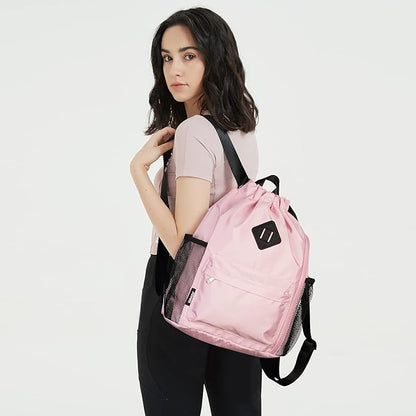 WANDF Drawstring Backpack Sports Gym Bag with Shoes Compartment, Water-Resistant String Backpack Cinch for Women Men (Small,Pink)