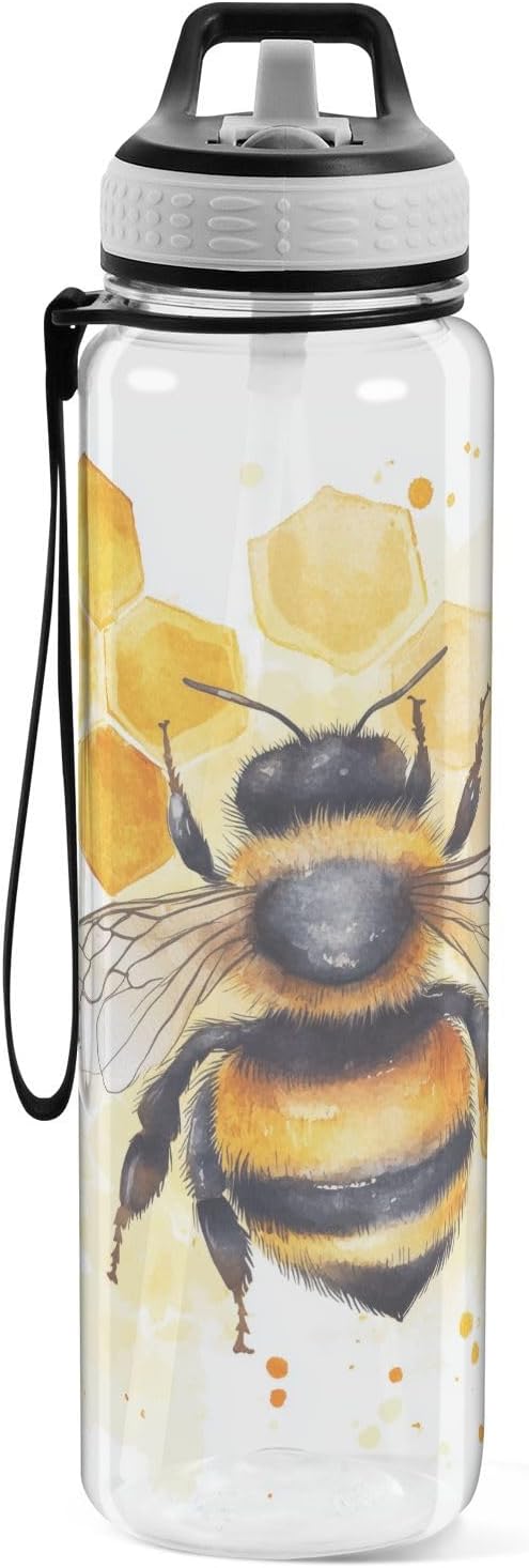 Fustylead Watercolor Honeybee on Honeycomb 32oz Water Bottle with Straw, Leakproof Clear Sport Water Bottles for Gym Camping Hiking Travel