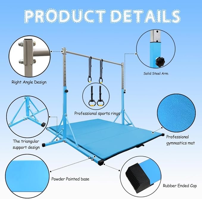 Gymnastics Bar for Kids Girls Ages 3-15 with Ring for Home Indoor Training Equipment- Steady Steel Construction, Anti-Slip, Easy to Assemble, 3' to 5' Adjustable Height