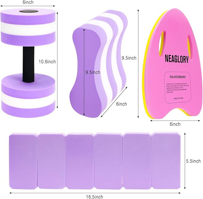 NEAGLORY 5 Pieces Water Aerobics Set, Aquatic Exercise Set Pool Fitness Equipment with Foam Dumbbell, Swim Kickboard, Pull Buoy, Aquatic Swim Belt for Water Workout