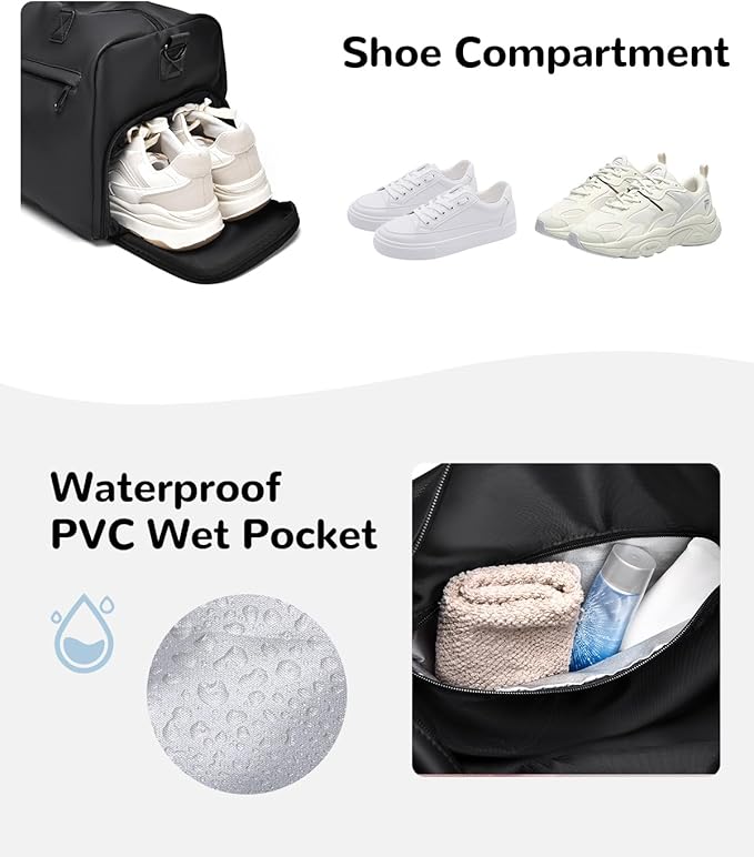 Small Gym Bag for Men Women, 18L Waterproof Travel Duffle Bag with Shoe Compartment & Wet Pocket, Carry on Personal Item Bags for Travel Airplane, Black