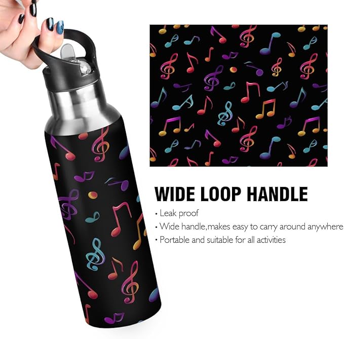 Colorful Music Note Water Bottle Vacuum Insulated Stainless Steel Mug Kids Water Bottle with Straw and Handle Keep Hot Cold Sport Bike Fit Travel Outdoor 20 oz