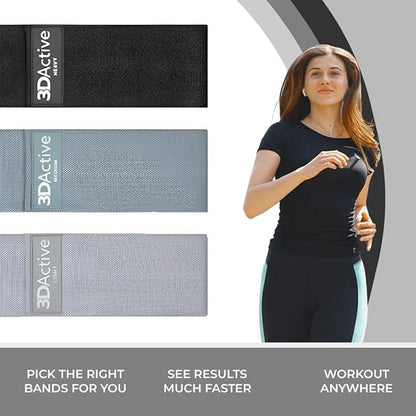 3DActive Fabric Resistance Bands for Legs & Butt. Wide Non-Slip Hip Band Set for Home & Gym Workouts. Exercise Guide & Carry Bag Included.