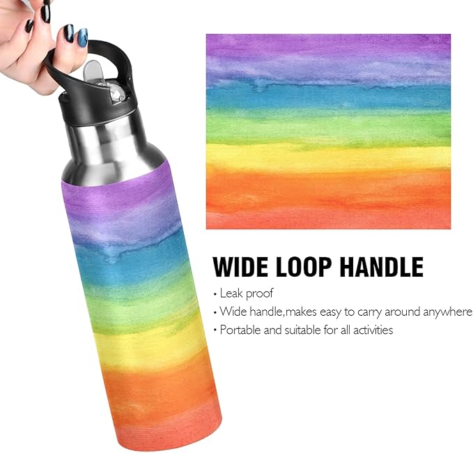 Colorful Stripe Rainbow Water Bottle Vacuum Insulated Stainless Steel Mug Kids Water Bottle with Straw and Handle Keep Hot Cold Sport Bike Fit Travel Outdoor 20 oz
