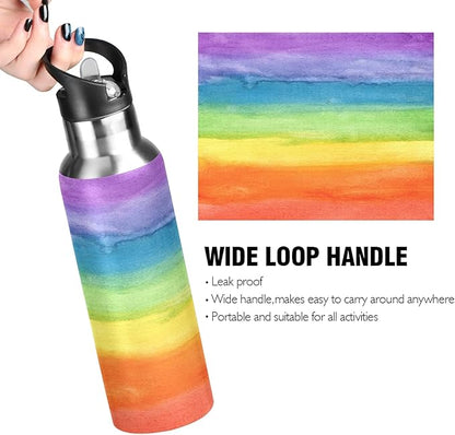Colorful Stripe Rainbow Water Bottle Vacuum Insulated Stainless Steel Mug Kids Water Bottle with Straw and Handle Keep Hot Cold Sport Bike Fit Travel Outdoor 20 oz