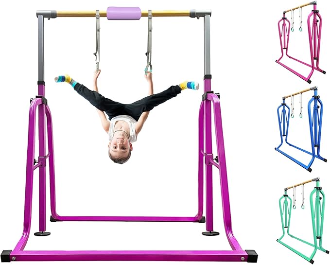 Foldable & Moveable Gymnastics Horizontal Bar with Rings,3’to 5’Adjustable Height Expandable Junior Kip Bar for Home,Indoor Gym Equipment for Kids