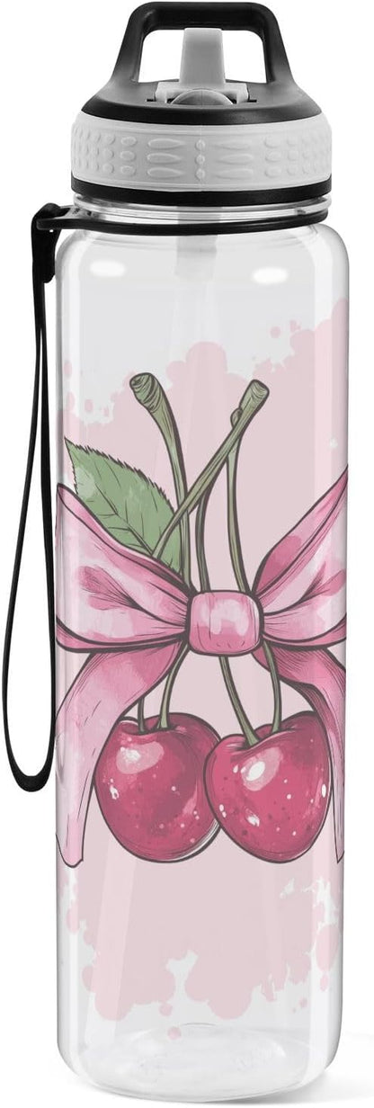 Fustylead Cute Cherry Fruit with Pink Bow 32 oz Tritan Water Bottle with Straw, Leakproof and BPA-Free Sport Water Bottle for Fitness, Gym & Outdoor