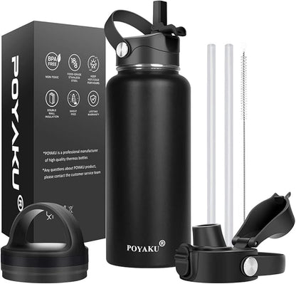 Water Bottle Insulated 32oz 40oz 64oz 128oz Straw Lid Spout Lid & 3 Lids, Leak Proof, Vacuum Insulated,Stainless Steel Water Bottle Wide Mouth for Sports, Gym or Office