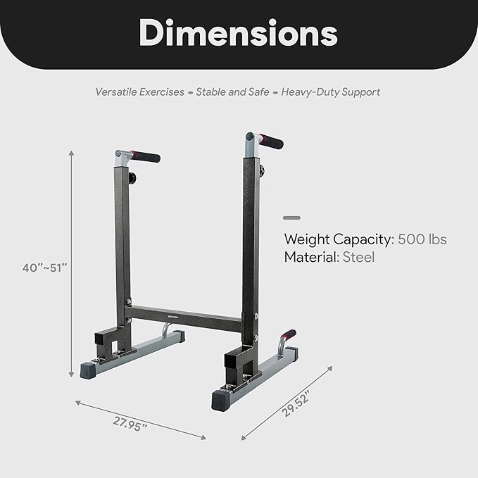 BalanceFrom Steel Frame Dip Station with Adjustable Height, 500 Pound Weight Capacity – Upper Body Workout Home Gym Equipment for Triceps, Push & Pull Ups, Leg Raises, and Bench Press