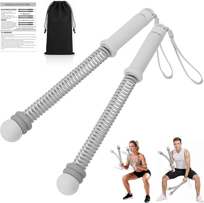Ropeless Battle Ropes, Adjustable Weighted Cordless Trainer for Home Gym HIIT Low Impact Workouts, 17.1 in Portable with Sliding Resistance Rings and Storage Bag (Gray)