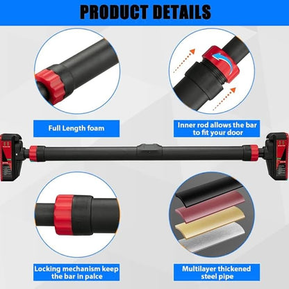 Pull Up Bar for Doorway - Adjustable No Screws Chin Up Bar for Home Gym, 440 LBS Max Load, with Level Meter & Anti-Slip Design for Strength Training,Red