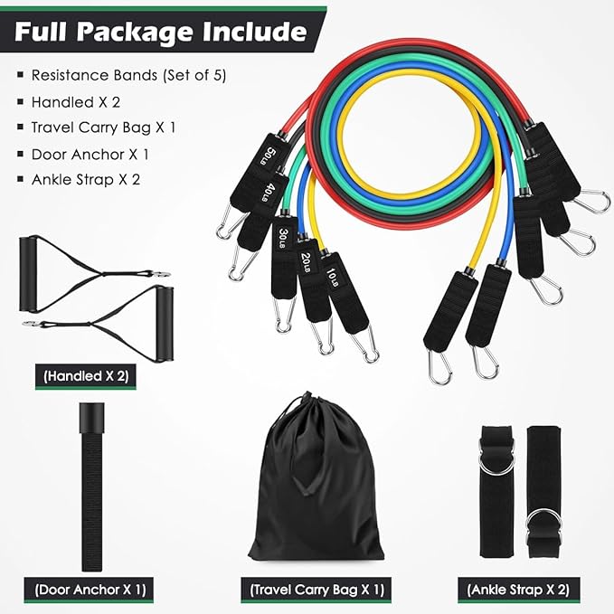Resistance Bands Set 10–50 LB, Exercise Bands Kit for Men & Women, Full Body Workout with Handles, Door Anchor, Ankle Straps & Carry Bag, Home Gym Training