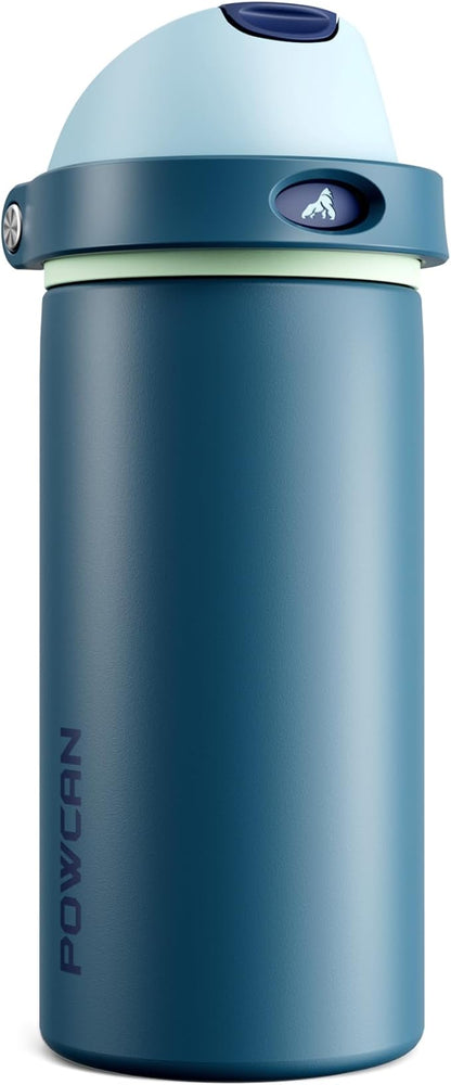 POWCAN 18 oz Insulated Stainless Steel Water Bottle: 2-in-1 Push-Button Spout & Quick-Flip Straw, Leakproof, Cold 24 Hrs, Fits Car Cup Holder, Reusable Metal Bottle for Sports(Denim Blue)