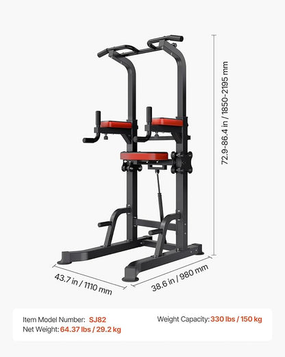 VEVOR Pull Up Bar, 330 LBS Power Tower Dip Station, Workout Dip Station with H-Shaped Stable Base & Assistance Platform, Adjustable 9 Level Height Pullup Stand for Back, 3-Level Adjustable Elbow Pads