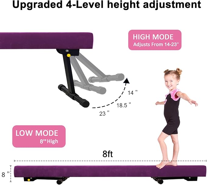 GLANT 8ft Ultrasimple Adjustable&Foldable Balance Beam,High-Low Floor Beam Suede Gymnastics Equipment,No Tool Require, Gymnastics Beam for Training&Professional HomeTraining