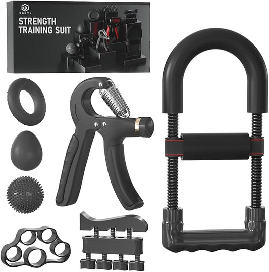 Hand Grip Strengthener Kit - Ultimate Hand Exerciser Set for Forearm Workout, Adjustable Grip Strength Trainer, Stress Relief Ball, Exercise Ring, Training and Recovery (Frosted Black)